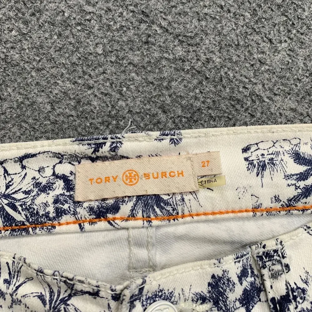 Tory Burch Jeans Womens 27 White Navy Tropical Toile Print Straight Leg Mid Rise